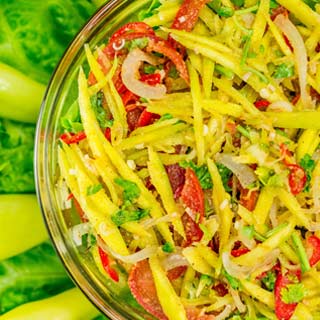 Green Mango Salad Green mango salad is a refreshing dish and a poplar salad found all over cambodia when touring the country