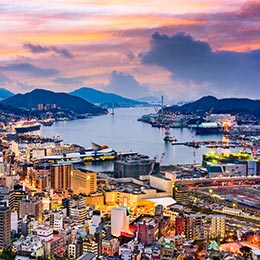 Nagasaki, Japan view of nagasaki skyline bay at sunset in japan