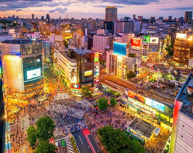 the busiest crossroads in the world in the centre of tokyo on a holiday in japan
