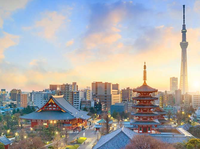 Tokyo skyline with Senso-ji Temple Tokyo skyline on a sunny day and senso-ji in the foreground