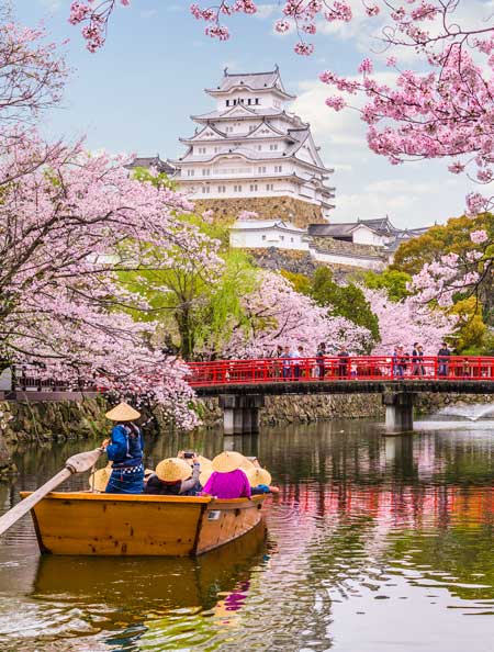 Himeji Castle Tourists on the bridge viewing the gardens surrounding himeji castle in himeji, japan
