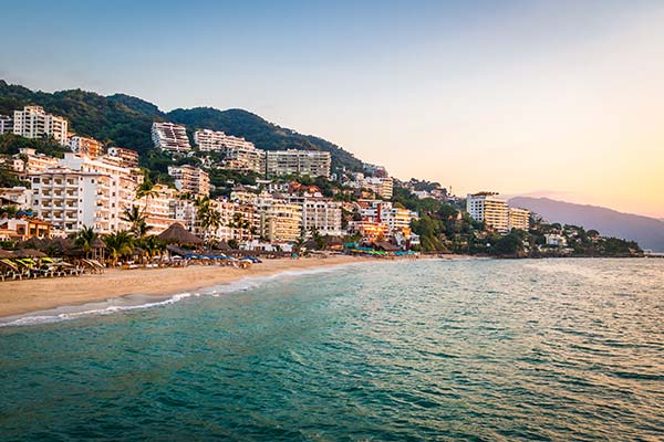 Puerto Vallarta Beach buildings and beaches lining the sea at puerto vallarta beach in mexico