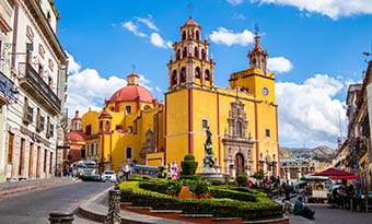 Guanjuato, Mexico yellow colourful church cathedral in guanajuato in mexico