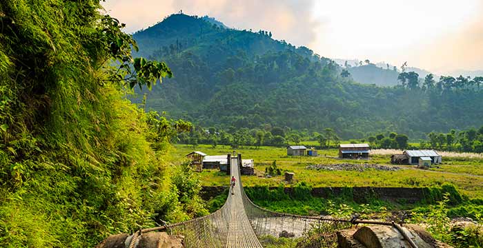 Solo traveller hiking in Chitwan solo explorer travelling on holiday in nepal visits chitwan national park and hikes over a walking bridge