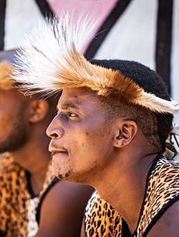 King Shaka Day Celebrations, South Africa two men wearing traditional zulu clothes for the king shaka day celebrations