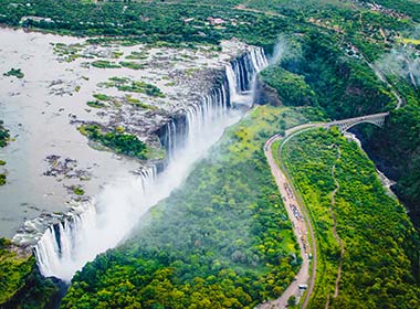 view deom above of victoria falls in zimbabwe and surrounded greenery