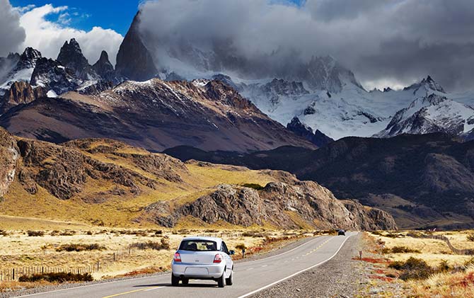 Patagonia car hire driving aroubd the rocky landscapes, Chile, Argentina car rental