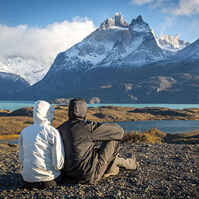 Couple gazing at Torres del Paine National Park, Patagonia, Argentina, Chile Argentina, Torres del Paine National Park, chile, south america travel