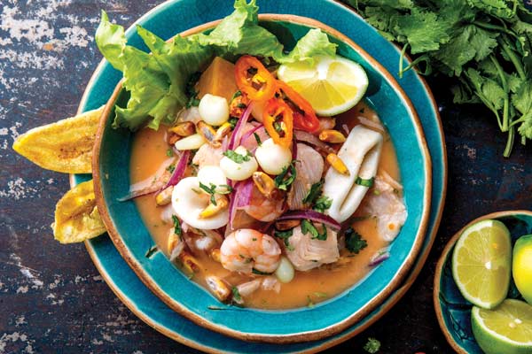 Peruvian dish, ceviche Peruvian ceviche is one of the tastiest dishes you can try when travelling through south america, bowl of ceviche from peru