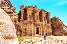 A carved monastery in the desert of Petra near Wadi Musa in Jordan