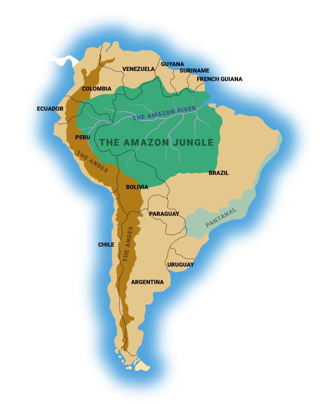guide to where the amazon jungle, andes and pantanal are located in a map of south america covering various countries