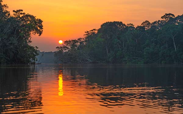 tourist on holiday takes a photo on the amazon river surrounded by the jungle at sunset