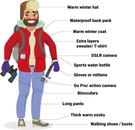 Packing guide for cold climates when travelling on a adventure holiday trip to spot wildlife in their natural habitat