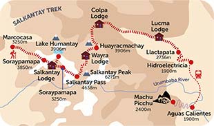 Salkantay trek map hiking route to Machu Picchu including the altitude heights