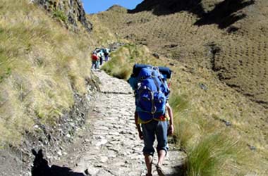 porters on the inca trail trekking with a tour group assisting the adventure travellers to reach machu picchu