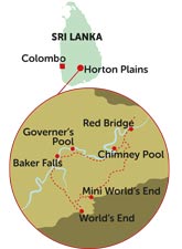 sri lanka map displays the trail of horton plains national park