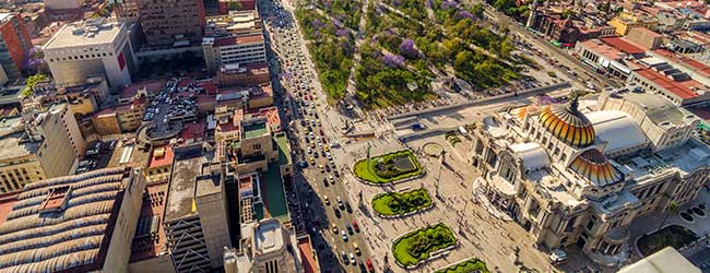 aerial voew of the centro historico in the heart of mexico city and a busy area which the public transport around