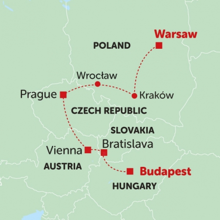 map of eastern europe, hungary, austria, slovakia, warsaw to budapest