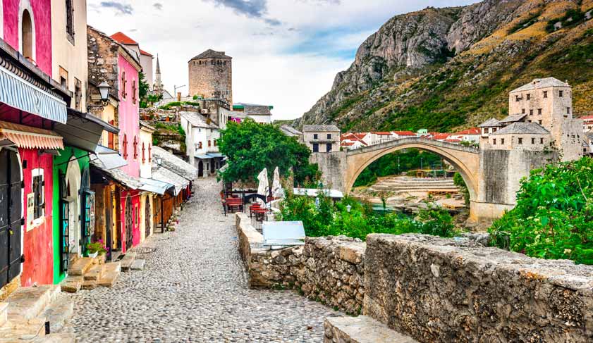 Mostar, Bosnia and Herzegovina. The Old Bridge, Stari Most, with emerald river Neretva