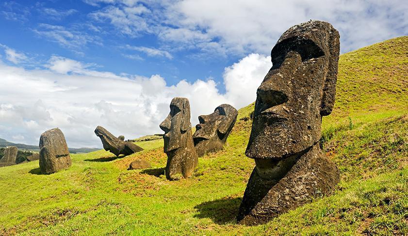 Moais on the slopes of Rano Raruku Volcano on Easter Island, Chile Moais on the slopes of Rano Raruku Volcano on Easter Island, Chile