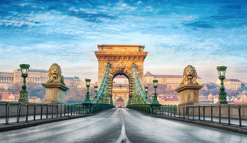 Lions guarding the Chain Bridge in Budapest, Hungary