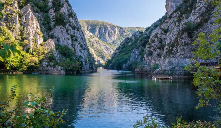 View of beautiful tourist attraction, lake at Matka Canyon in the Skopje surroundings. Macedonia