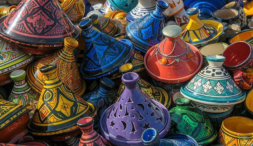 A collection of colourful tagine dishes, Morocco