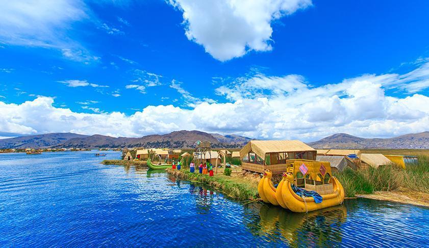 The floating Uros Islands made of reeds on Lake Titicaca, Peru