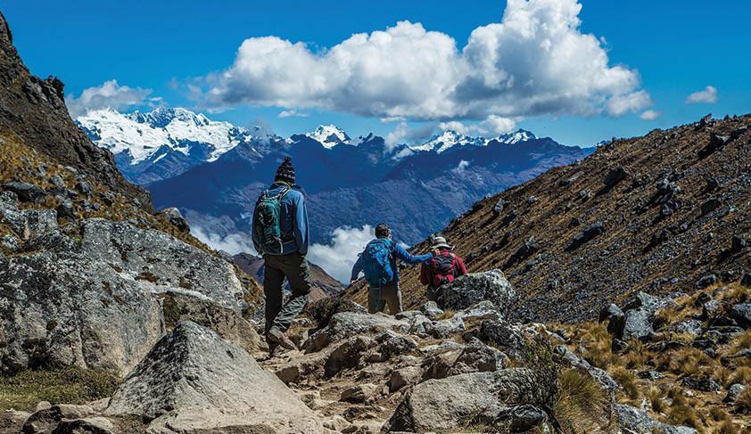 View of snow-capped mountain peaks on the Salkantay Trek View of snow-capped mountain peaks on the Salkantay Trek