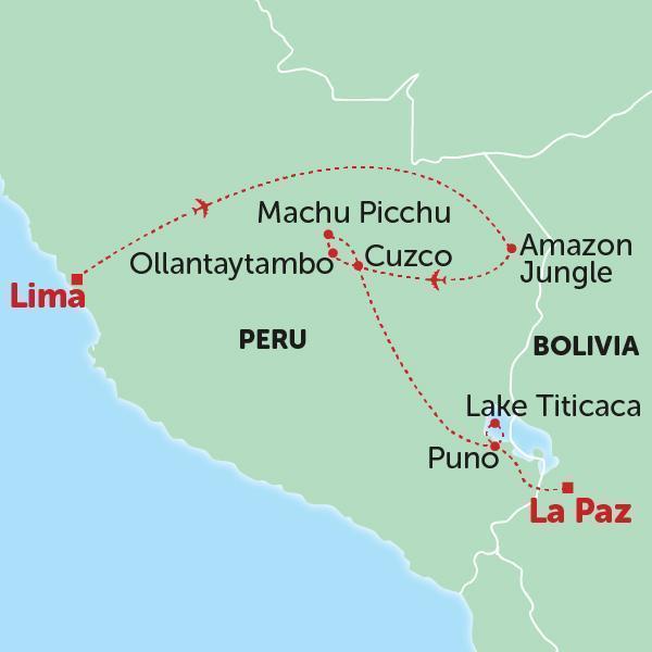 map of south america, peru, bolivia, machu picchu, inca trail trek, amazon jungle, lake titicaca