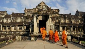Monks entering Angkor Wat, Cambodia