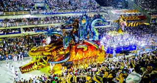 rio carnival sambadrome parade with dancers and performers entertaining the crowds on the floats built for competition